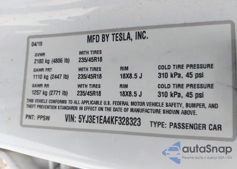 2019 Tesla Model 3 Long Range/Mid Range/Standard Range/Standard Range Plus from USA, damaged, VIN 5YJ3E1EA4KF328323